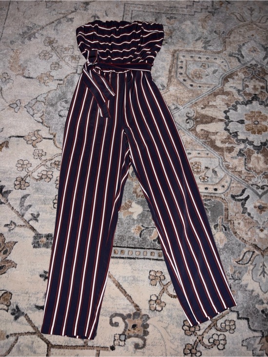 Express Pants - Express Navy Wide-Leg Jumpsuit with Red & White Stripes